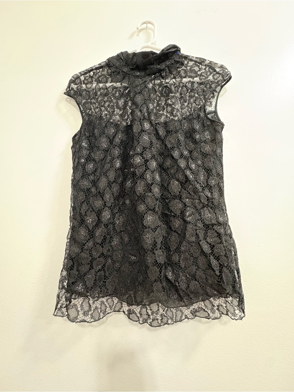 Escada Black Sheer Lace Cap Sleeve Mock Neck Blouse